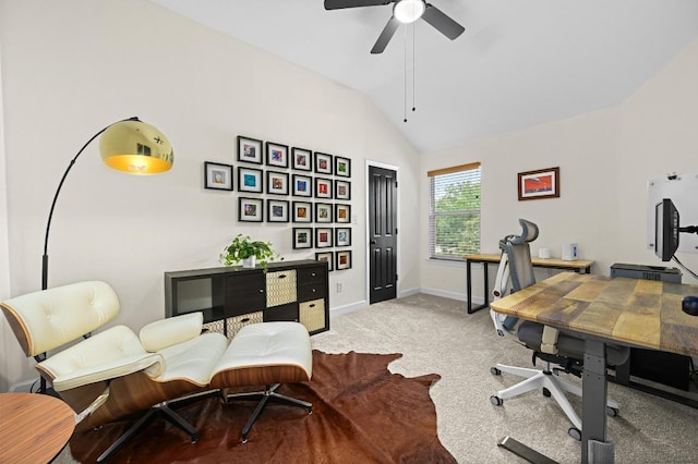 605 Galway Bay Cv, Pflugerville, TX 78660 - office area with vaulted ceiling, a ceiling fan, light colored carpet, and baseboards