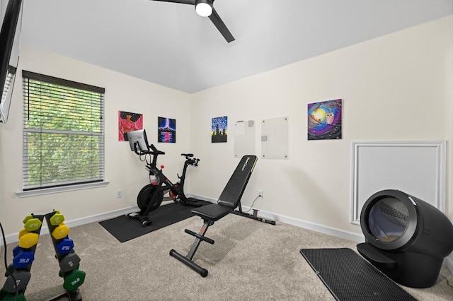 605 Galway Bay Cv, Pflugerville, TX 78660 - exercise room featuring baseboards, ceiling fan, and carpet floors