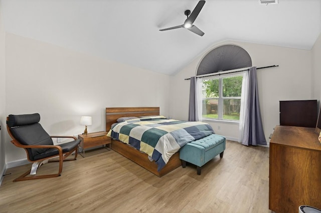 605 Galway Bay Cv, Pflugerville, TX 78660 - bedroom with lofted ceiling, light wood-style floors, ceiling fan, and baseboards