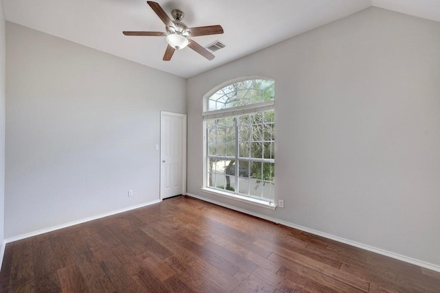 3831 Epperson Trl, Austin, TX 78732 - unfurnished room featuring dark wood-type flooring, baseboards, ceiling fan, and lofted ceiling