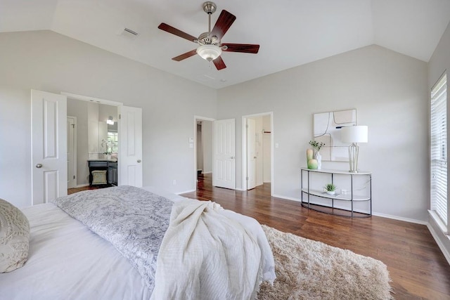 3831 Epperson Trl, Austin, TX 78732 - bedroom with vaulted ceiling, wood finished floors, a ceiling fan, and ensuite bathroom
