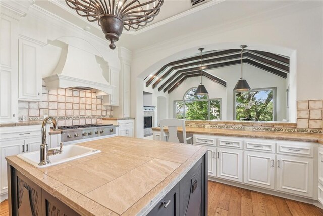 16010 Canard Cir, Austin, TX 78734 - kitchen with custom exhaust hood, white cabinets, a kitchen island with sink, decorative backsplash, and ornamental molding