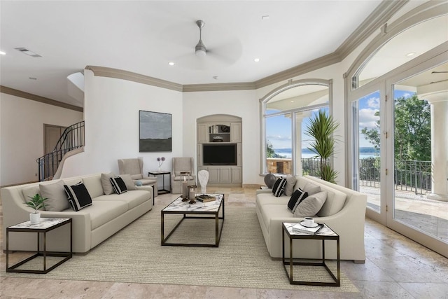 16010 Canard Cir, Austin, TX 78734 - living room with a ceiling fan, crown molding, recessed lighting, and stairway