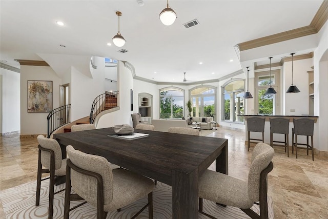 16010 Canard Cir, Austin, TX 78734 - dining area with ornamental molding, stairway, and recessed lighting