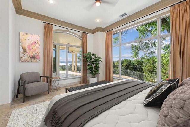 16010 Canard Cir, Austin, TX 78734 - bedroom with ornamental molding, multiple windows, and a water view