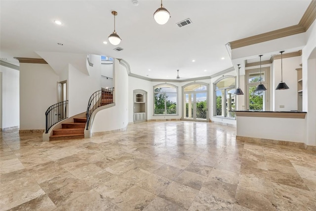 16010 Canard Cir, Austin, TX 78734 - unfurnished living room featuring crown molding, recessed lighting, stone tile floors, and stairs