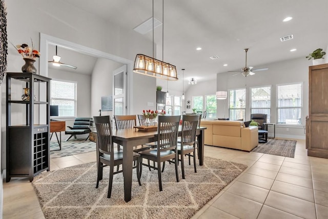 321 Millard St, Georgetown, TX 78628 - dining room featuring a ceiling fan, healthy amount of natural light, light tile patterned floors, recessed lighting, and lofted ceiling