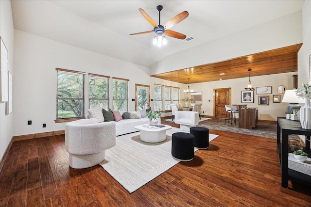 20603 Ridgeview Rd, Lago Vista, TX 78645 - living room featuring hardwood / wood-style floors, a ceiling fan, a chandelier, and vaulted ceiling
