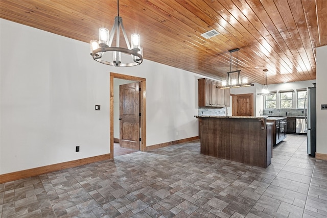 20603 Ridgeview Rd, Lago Vista, TX 78645 - kitchen featuring a chandelier, wood ceiling, dark stone finish floors, a kitchen island, and dark brown cabinets