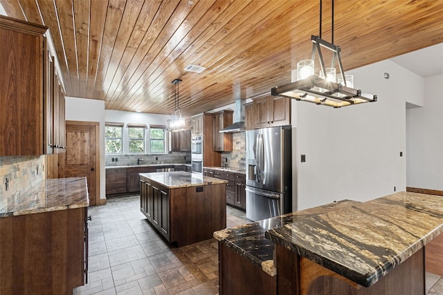 20603 Ridgeview Rd, Lago Vista, TX 78645 - kitchen featuring stainless steel appliances, a kitchen island, tasteful backsplash, wood ceiling, and stone counters