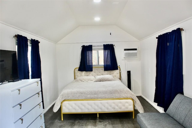 24701 Martin Ln, Spicewood, TX 78669 - bedroom featuring vaulted ceiling, a wall mounted AC, and wood finished floors