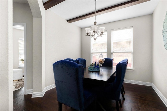 5517 Brady Bayou Cv, Austin, TX 78738 - dining area with a chandelier, beam ceiling, and dark wood-style floors