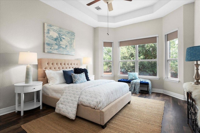 5517 Brady Bayou Cv, Austin, TX 78738 - bedroom featuring multiple windows, wood finished floors, a raised ceiling, and ceiling fan