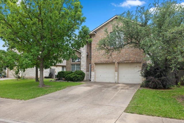 2502 Nightshade Dr, Cedar Park, TX 78613 - obstructed view of property with concrete driveway, a garage, a front yard, brick siding, and stone siding