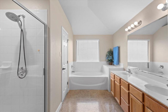 2502 Nightshade Dr, Cedar Park, TX 78613 - bathroom featuring a garden tub, a stall shower, double vanity, and lofted ceiling