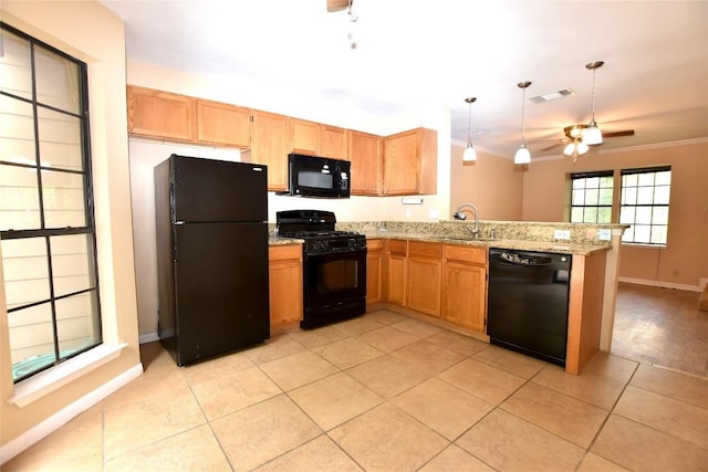 11404 Walnut Ridge Dr Unit 14, Austin, TX 78753 - kitchen featuring black appliances, a peninsula, crown molding, ceiling fan, and light tile patterned floors