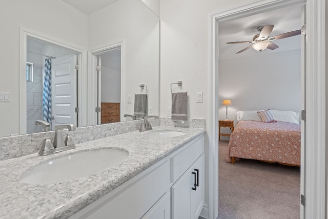 1437 Argyll Park, Bulverde, TX 78163 - ensuite bathroom with double vanity, a ceiling fan, and a shower with curtain