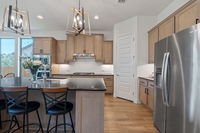 1437 Argyll Park, Bulverde, TX 78163 - kitchen with stainless steel appliances, a chandelier, dark countertops, a sink, and light wood finished floors