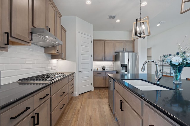 1437 Argyll Park, Bulverde, TX 78163 - kitchen with appliances with stainless steel finishes, a sink, exhaust hood, dark countertops, and light wood-style flooring