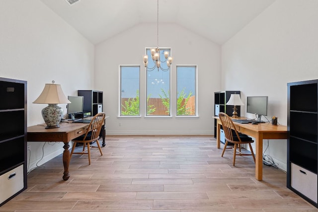 1437 Argyll Park, Bulverde, TX 78163 - home office with a chandelier, light wood finished floors, high vaulted ceiling, and baseboards