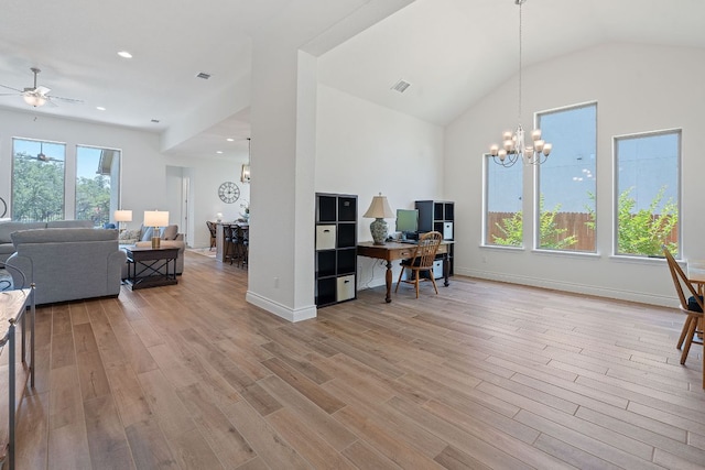 1437 Argyll Park, Bulverde, TX 78163 - office area with light wood-type flooring, ceiling fan, a chandelier, baseboards, and high vaulted ceiling