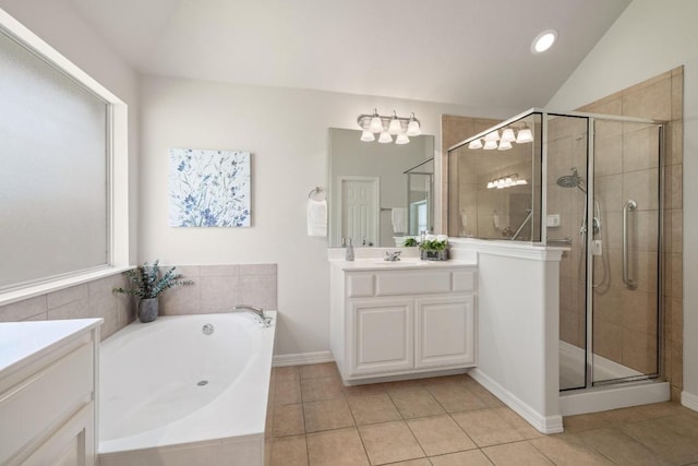 765 Bent Wood Pl, Round Rock, TX 78665 - full bath featuring a stall shower, vanity, tile patterned floors, vaulted ceiling, and recessed lighting