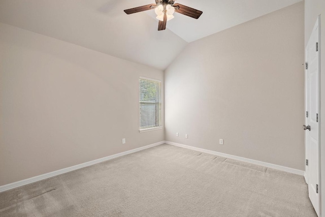 765 Bent Wood Pl, Round Rock, TX 78665 - unfurnished room with a ceiling fan, vaulted ceiling, baseboards, and light colored carpet