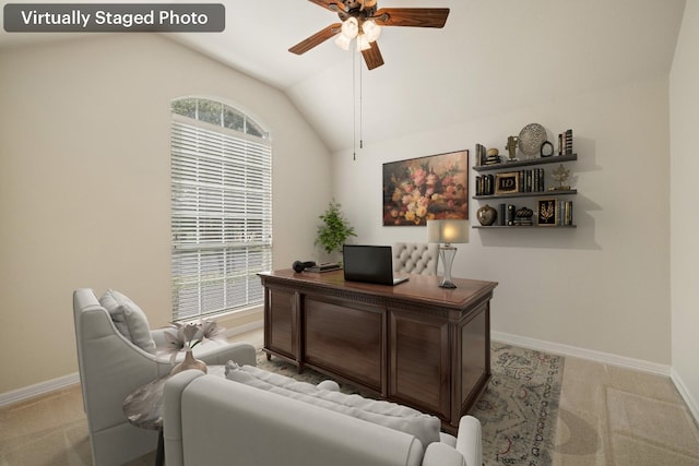 765 Bent Wood Pl, Round Rock, TX 78665 - office space with a ceiling fan, lofted ceiling, baseboards, and light carpet