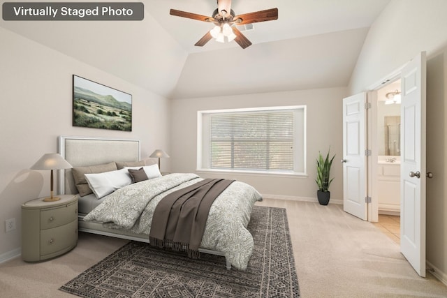765 Bent Wood Pl, Round Rock, TX 78665 - bedroom featuring carpet floors, vaulted ceiling, baseboards, a ceiling fan, and ensuite bathroom