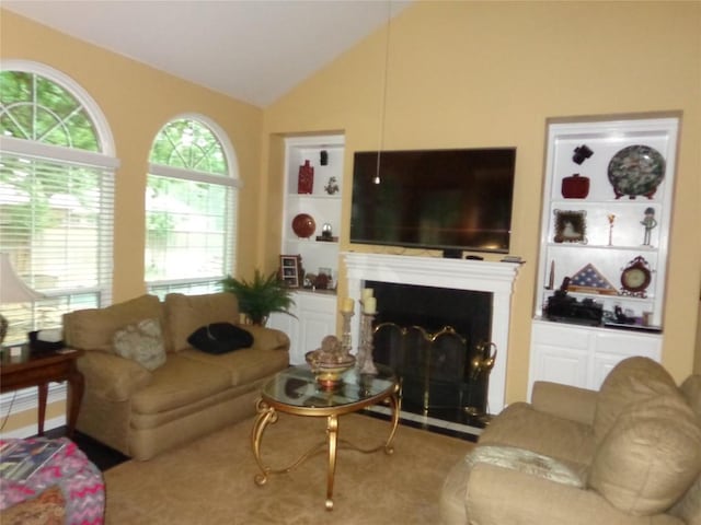 4003 Wyman Cv, Round Rock, TX 78681 - living area with vaulted ceiling, built in features, and a fireplace with flush hearth