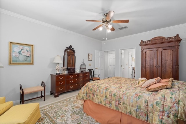 259 Red Poppy Trl, Georgetown, TX 78633 - bedroom featuring light colored carpet, crown molding, ceiling fan, and baseboards