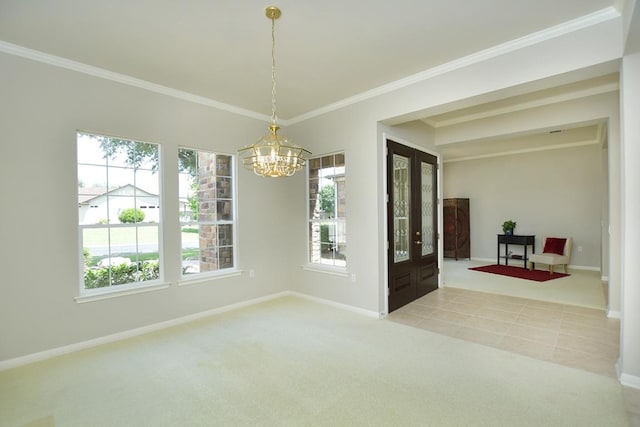 115 Blazing Star Dr, Georgetown, TX 78633 - carpeted empty room featuring a chandelier, crown molding, baseboards, and french doors