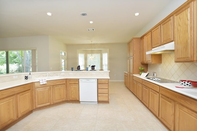 115 Blazing Star Dr, Georgetown, TX 78633 - kitchen featuring dishwasher, under cabinet range hood, black electric stovetop, decorative backsplash, and recessed lighting