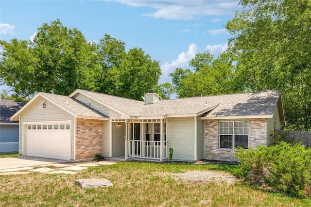 16213 Malden Dr, Pflugerville, TX 78660 - ranch-style house featuring a garage, brick siding, driveway, a chimney, and roof with shingles