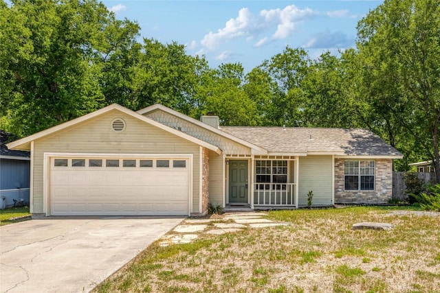 16213 Malden Dr, Pflugerville, TX 78660 - ranch-style house with driveway, a garage, a chimney, and a front yard