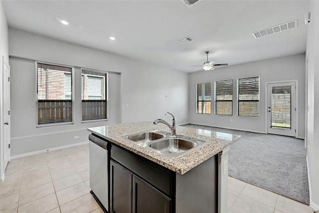 12725 Bloomington Dr Unit 129, Austin, TX 78748 - kitchen with open floor plan, a sink, dishwasher, light tile patterned floors, and ceiling fan