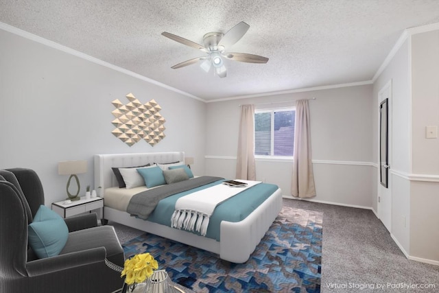 7503 Islander Dr, Austin, TX 78749 - bedroom featuring carpet floors, crown molding, a textured ceiling, ceiling fan, and baseboards