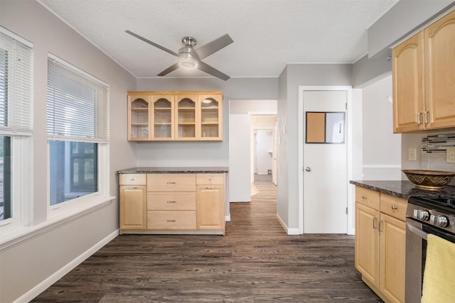 7503 Islander Dr, Austin, TX 78749 - kitchen featuring light brown cabinetry, stainless steel gas stove, glass insert cabinets, dark wood-type flooring, and a textured ceiling