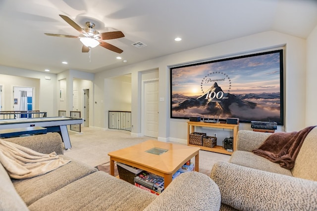 home theater room with a ceiling fan, light carpet, recessed lighting, and baseboards