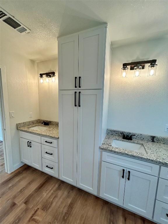 1127 Greenhill Dr, Canyon Lake, TX 78133 - bathroom featuring wood finished floors, vanity, and a textured ceiling
