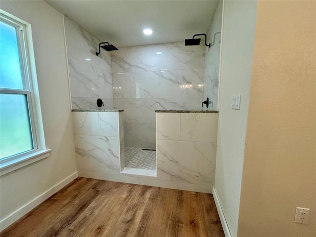 1127 Greenhill Dr, Canyon Lake, TX 78133 - full bath featuring a marble finish shower, wood finished floors, and recessed lighting