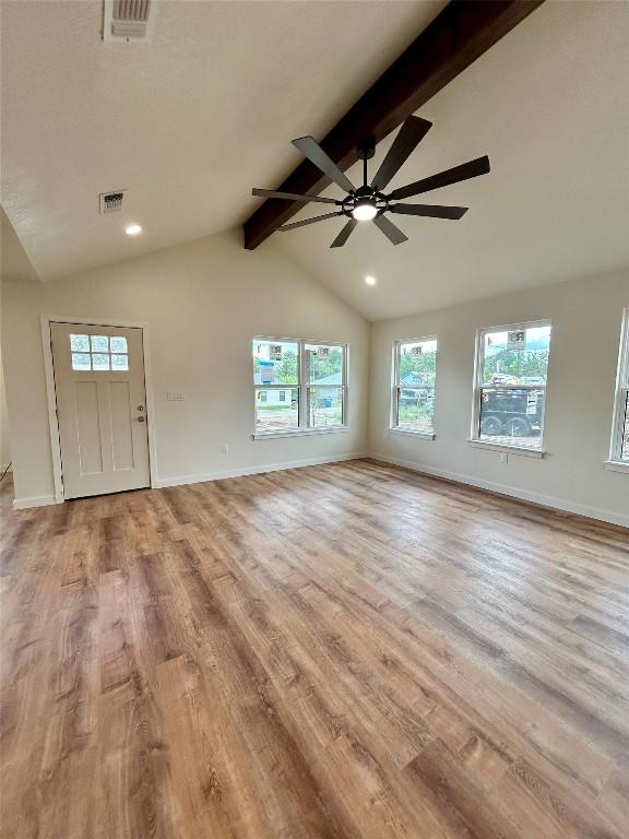 1127 Greenhill Dr, Canyon Lake, TX 78133 - unfurnished living room featuring ceiling fan, wood finished floors, and recessed lighting