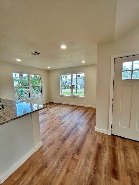 1127 Greenhill Dr, Canyon Lake, TX 78133 - unfurnished living room featuring wood finished floors and recessed lighting