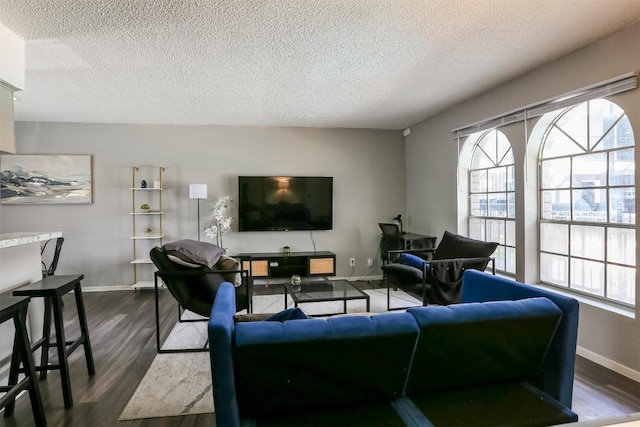 101 E 33rd St Unit 107, Austin, TX 78705 - living area featuring a textured ceiling, dark wood-type flooring, plenty of natural light, and baseboards