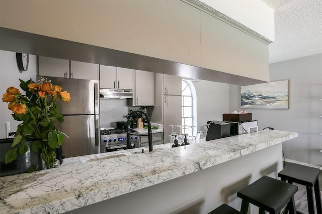 101 E 33rd St Unit 107, Austin, TX 78705 - kitchen with under cabinet range hood, stainless steel appliances, a breakfast bar, light countertops, and a textured ceiling