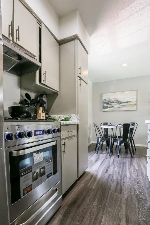 101 E 33rd St Unit 107, Austin, TX 78705 - kitchen featuring stainless steel range with gas stovetop, under cabinet range hood, dark wood-style flooring, light countertops, and baseboards
