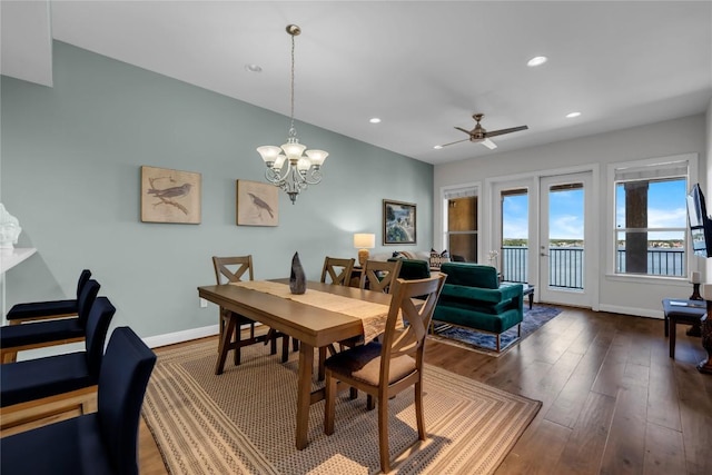 101 W Bank Unit 43, Llano, TX 78657 - dining room featuring dark wood-style floors, a ceiling fan, a chandelier, baseboards, and recessed lighting