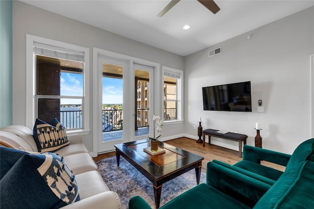 101 W Bank Unit 43, Llano, TX 78657 - living area with healthy amount of natural light, wood finished floors, a ceiling fan, baseboards, and recessed lighting