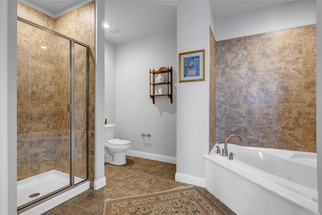 101 W Bank Unit 43, Llano, TX 78657 - full bath with a shower stall, a bath, toilet, baseboards, and tile patterned floors