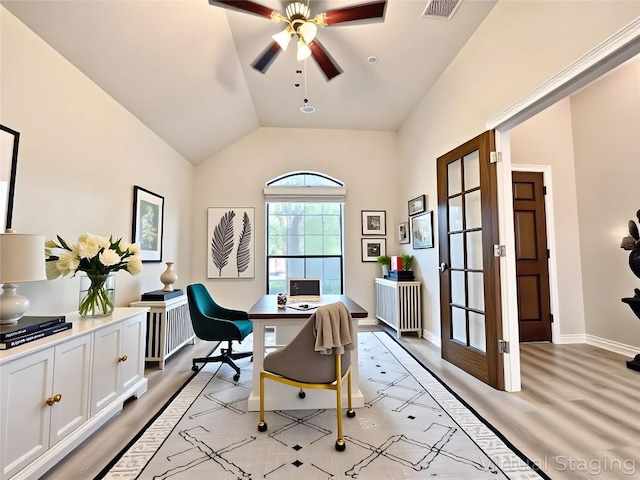 4233 Fairmeadow Dr, Round Rock, TX 78665 - home office featuring ceiling fan, vaulted ceiling, baseboards, and light carpet